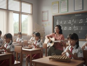 Anak kecil belajar bermain piano bersama guru musik di ruang kelas yang cerah dan menyenangkan